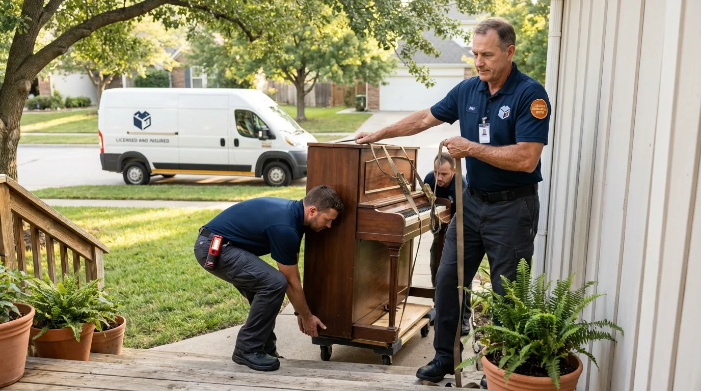 Licensed piano movers securing grand piano in Florence, SC