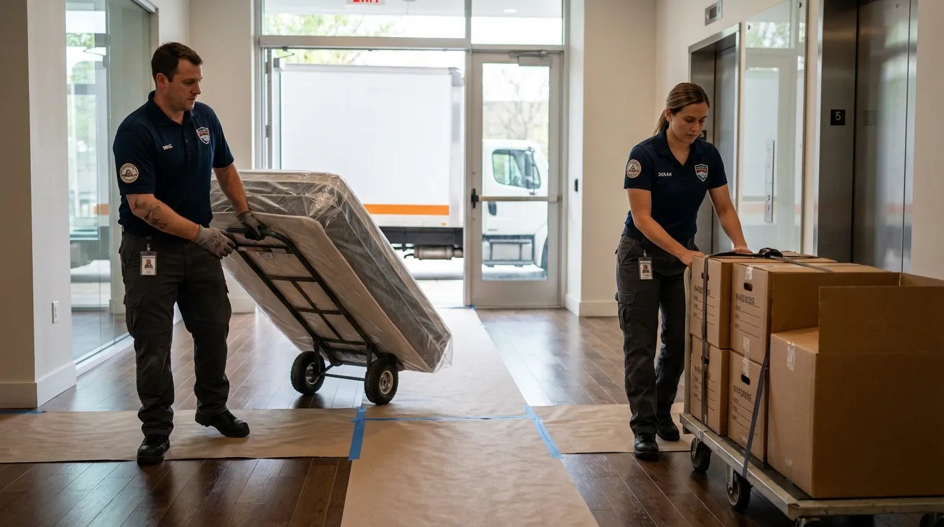 Professional apartment movers loading elevator in Florence, SC